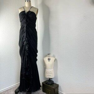 VTG William Travilla Ruffle Tiered Black Silk Chiffon Gown